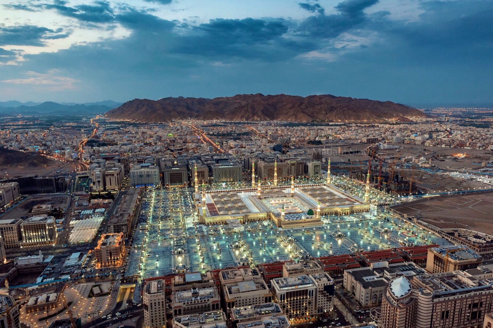 Aerial view of the Prophet’s Mosque and central Madinah