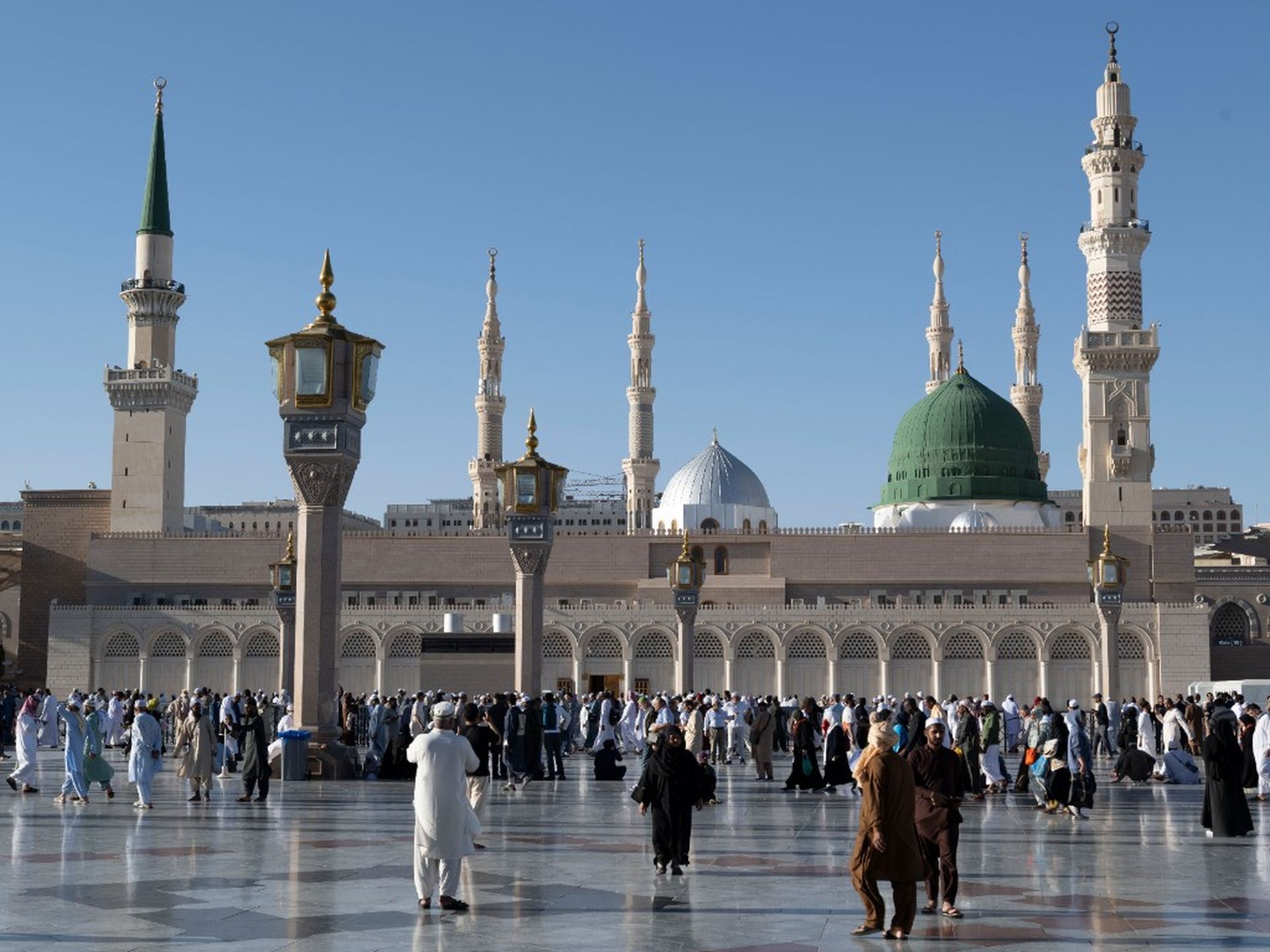Visitors in the courtyards of the Prophet’s Mosque in Madinah